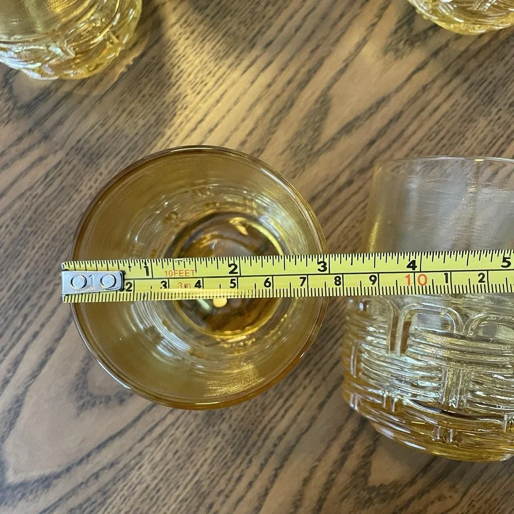 Vintage LE Smith Glass Amber Yellow Wicker Basket Set of 8 Old Fashioned Glasses